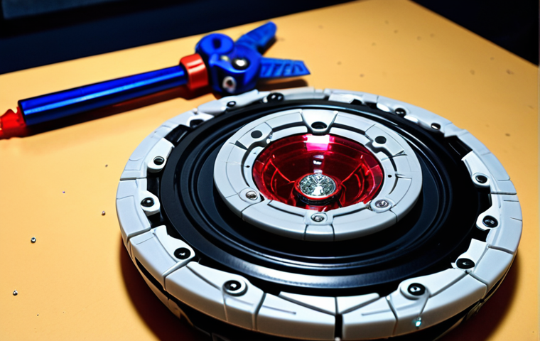 **
Prompt: "Beyblade modding workshop, intricate details, miniature tools, customized Beyblade with Swarovski crystals, workbench, close-up shot, focused, dynamic lighting, French 'modder' in background, passion."
**
