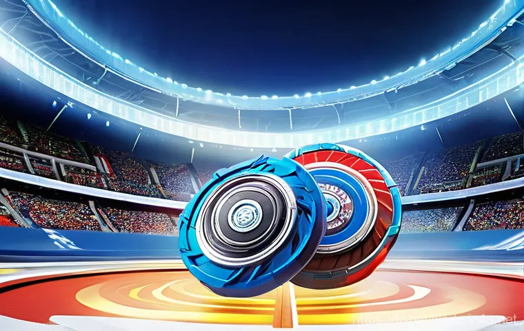 베이블레이드 드래곤 시리즈 특징 - **Prompt: Dynamic Beyblade Duel in a Stadium**
    "An intense, high-action shot of two Beyblades fr...
