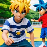 베이블레이드 관련 만화책 리뷰 - **Prompt: "Classic Beyblade Friendship Duel"**
    A vibrant, dynamic illustration featuring two you...