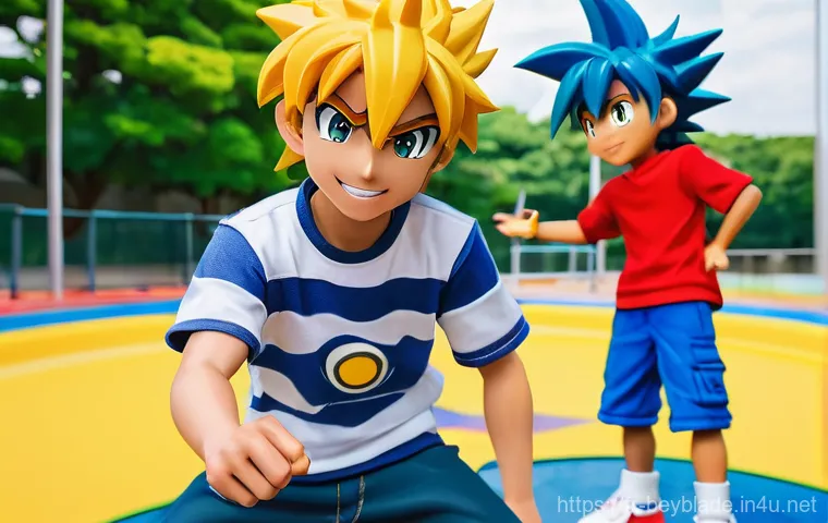 베이블레이드 관련 만화책 리뷰 - **Prompt: "Classic Beyblade Friendship Duel"**
    A vibrant, dynamic illustration featuring two you...