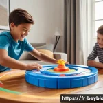 베이블레이드 전용 경기장 구매 가이드 - A detailed scene of a classic Beyblade plastic arena set up on a smooth wooden table in a cozy Frenc...