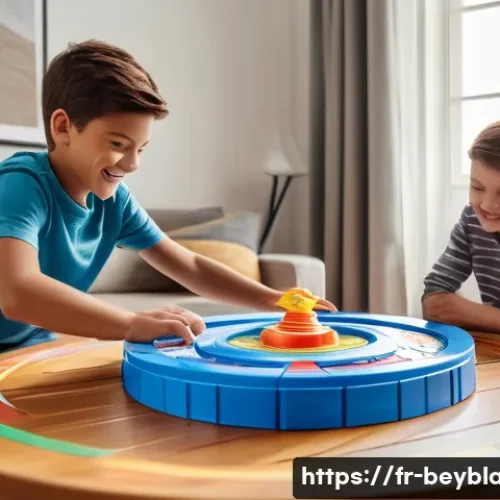 베이블레이드 전용 경기장 구매 가이드 - A detailed scene of a classic Beyblade plastic arena set up on a smooth wooden table in a cozy Frenc...