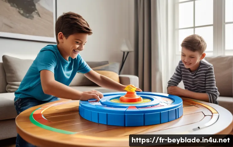 베이블레이드 전용 경기장 구매 가이드 - A detailed scene of a classic Beyblade plastic arena set up on a smooth wooden table in a cozy Frenc...
