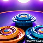 베이블레이드 오리지널 vs 리메이크 비교 - A dynamic Beyblade battle scene set in a modern, immersive arena featuring high-tech lighting effect...