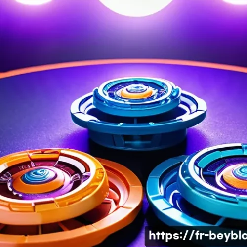 베이블레이드 오리지널 vs 리메이크 비교 - A dynamic Beyblade battle scene set in a modern, immersive arena featuring high-tech lighting effect...