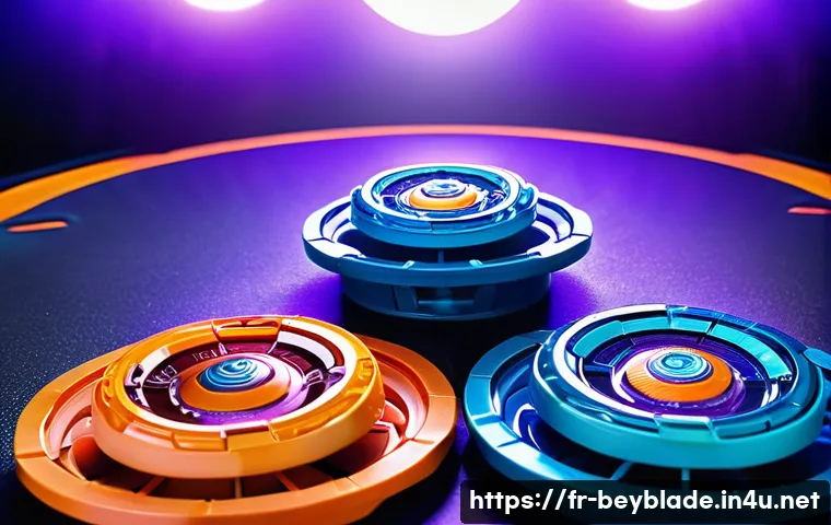 베이블레이드 오리지널 vs 리메이크 비교 - A dynamic Beyblade battle scene set in a modern, immersive arena featuring high-tech lighting effect...