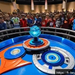 베이블레이드 대회 참가 팁 - A dynamic scene inside a modern French tournament arena featuring three distinct Beyblades battling ...
