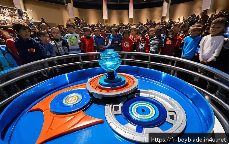 베이블레이드 대회 참가 팁 - A dynamic scene inside a modern French tournament arena featuring three distinct Beyblades battling ...