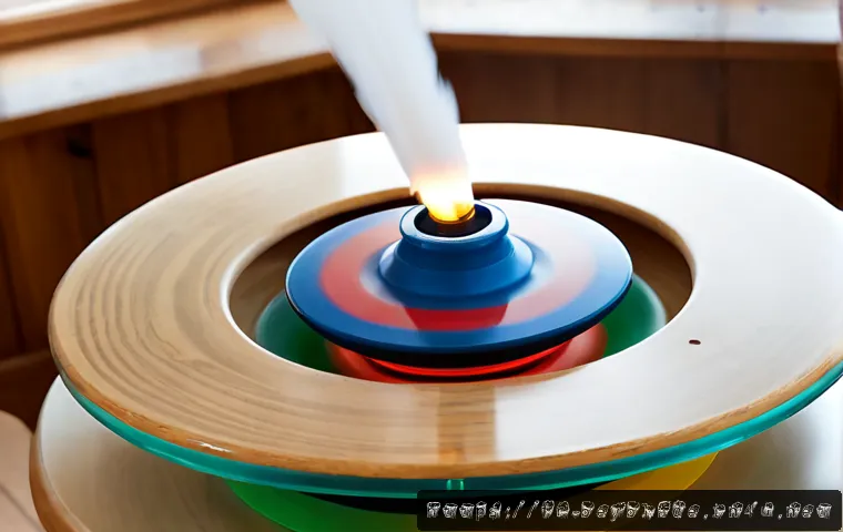 Home 17 베이블레이드 버스트 모드 특징 - Photorealistic close-up of two colorful unbranded spinning battle tops colliding inside a clear circ...