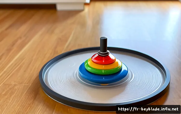 베이블레이드 과학적 원리와 작동 방식 - Photorealistic close-up of two colorful unbranded battle spinning tops rotating inside a clear circu...
