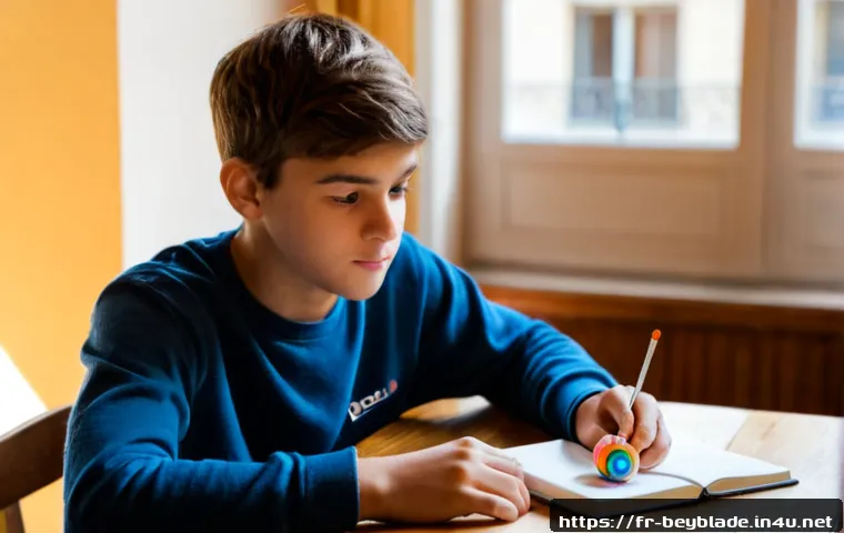 Home 17 베이블레이드 캐릭터 심리 분석 - Photorealistic French teenage boy studying a colorful spinning-top toy on a wooden desk in a bright ...
